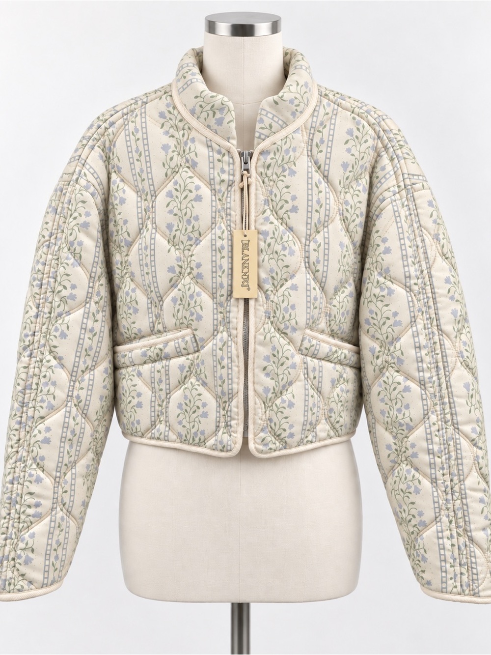 Blank NYC Quilted Floral Crop Jacket in Cream with Blue & Green Accents